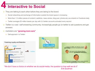 4 Interactive to Social
  They are talking to each other before they are taking to the brand
    Social networking and exchange of information outside the brand space is increasing

    More than 1.5 million pieces of content ( weblinks, news stories, blog post, photos etc) are shared on Facebook daily

    Twitter averages 50 million tweets per day with 2-3 twitter accounts activated every second

  Twitter is a vast –self answering community. Increasingly people go on twitter to ask questions and get
   answers
  marketers are “growing more ears”
    Dell approach to Twitter:




  “We don‟t have a choice on whether we do social media, the question is how well we do it”
                                                                      Erik Qualman
 