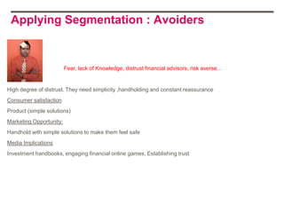 Applying Segmentation : Avoiders

.


                         Fear, lack of Knowledge, distrust financial advisors, risk averse…


High degree of distrust. They need simplicity ,handholding and constant reassurance
Consumer satisfaction
Product (simple solutions)
Marketing Opportunity:
Handhold with simple solutions to make them feel safe
Media Implications
Investment handbooks, engaging financial online games, Establishing trust
 