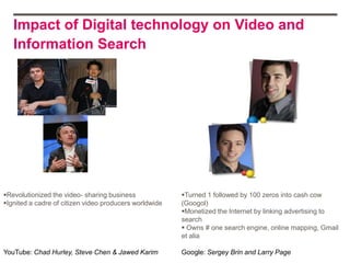 Impact of Digital technology on Video and
   Information Search




Revolutionized the video‐ sharing business             Turned 1 followed by 100 zeros into cash cow
Ignited a cadre of citizen video producers worldwide   (Googol)
                                                        Monetized the Internet by linking advertising to
                                                        search
                                                         Owns # one search engine, online mapping, Gmail
                                                        et alia

YouTube: Chad Hurley, Steve Chen & Jawed Karim          Google: Sergey Brin and Larry Page
 