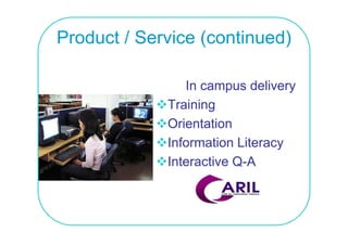 Product / Service (continued)

                In campus delivery
             Training
             Orientation
             Information Literacy
             Interactive Q-A
 
