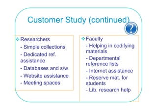 Customer St d (continued)
  C t      Study (  ti   d)

Researchers            Faculty
- Simple collections   - Helping in codifying
                       materials
- Dedicated ref
             ref.
assistance             - Departmental
                       reference lists
- Databases and s/w    - Internet assistance
- Website assistance   - Reserve mat. for
- Meeting spaces       students
                       - Lib. research help
 