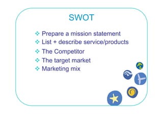 SWOT
Prepare a mission statement
P            i i
                        p
List + describe service/products
The Competitor
The target market
Marketing mix
 