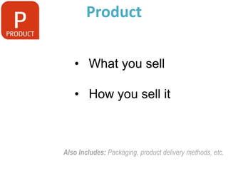 Product

   • What you sell

   • How you sell it



Also Includes: Packaging, product delivery methods, etc.
 