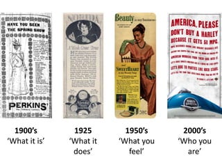 1900’s        1925        1950’s     2000’s
‘What it is’   ‘What it   ‘What you   ‘Who you
                does’        feel’      are’
 