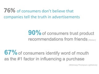 76% of consumers don’t believe that
companies tell the truth in advertisements


             90% of consumers trust product
             recommendations from friends (Nielsen)


67% of consumers identify word of mouth
as the #1 factor in influencing a purchase
                                   (Mckinsey/Thompson Lightstone)
 