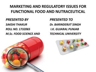 MARKETING AND REGULATORY ISSUES FOR
FUNCTIONAL FOOD AND NUTRACEUTICAL
PRESENTED BY
SAKSHI THAKUR
ROLL NO. 1732065
M.Sc. FOOD SCIENCE AND
TECHNOLOGY
PRESENTED TO
Dr. BARINDERJIT SINGH
I.K. GUJARAL PUNJAB
TECHNICAL UNIVERSITY
 