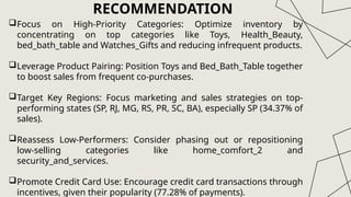 RECOMMENDATION
18
Focus on High-Priority Categories: Optimize inventory by
concentrating on top categories like Toys, Health_Beauty,
bed_bath_table and Watches_Gifts and reducing infrequent products.
Leverage Product Pairing: Position Toys and Bed_Bath_Table together
to boost sales from frequent co-purchases.
Target Key Regions: Focus marketing and sales strategies on top-
performing states (SP, RJ, MG, RS, PR, SC, BA), especially SP (34.37% of
sales).
Reassess Low-Performers: Consider phasing out or repositioning
low-selling categories like home_comfort_2 and
security_and_services.
Promote Credit Card Use: Encourage credit card transactions through
incentives, given their popularity (77.28% of payments).
 