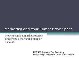 Marketing and Your Competitive Space
How to conduct market research
and create a marketing plan for
success.
HRVBOC Business Plan Bootcamp
Presented by: Marguerite Inscoe of ReLaunchU
 