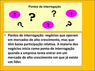 • Pontos de interrogação: negócios que operam
em mercados de alto crescimento, mas que
têm baixa participação relativa. A maioria dos
negócios inicia como ponto de interrogação
quando a empresa tenta entrar em um
mercado de alto crescimento em que já existe
um líder.
3
?
Pontos de interrogação
?
2
1
 