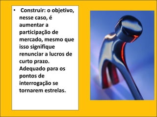 • Construir: o objetivo,
nesse caso, é
aumentar a
participação de
mercado, mesmo que
isso signifique
renunciar a lucros de
curto prazo.
Adequado para os
pontos de
interrogação se
tornarem estrelas.
 