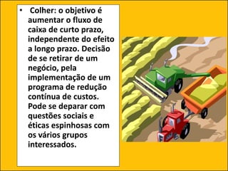 • Colher: o objetivo é
aumentar o fluxo de
caixa de curto prazo,
independente do efeito
a longo prazo. Decisão
de se retirar de um
negócio, pela
implementação de um
programa de redução
contínua de custos.
Pode se deparar com
questões sociais e
éticas espinhosas com
os vários grupos
interessados.
 