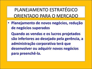 PLANEJAMENTO ESTRATÉGICO
ORIENTADO PARA O MERCADO
• Planejamento de novos negócios, redução
de negócios superados
Quando as vendas e os lucros projetados
são inferiores ao desejado pela gerência, a
administração corporativa terá que
desenvolver ou adquirir novos negócios
para preenchê-la.
 