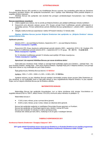 ATTĪSTĪBAS BONUSS


         Attīstības Bonuss 30% apmērā no visu Kvalifikācijas Bonusu summas, kas izmaksātas gada laikā par Struktūras
Konsultantu jaunajiem tituliem, tiks aprēķināts konsultantam, kas ir izpildījis visas Mārketinga Plāna prasības Briljanta un
augstāku direktoru statusam.
         Attīstības Bonuss tiek aprēķināts visā struktūrā līdz pirmajam zemākstāvošajam Konsultantam, kas ir Briljanta
Direktora statusā.

Bonusa saņemšanas nosacījumi:
   •   Līderis saglabā savu statusu, bet ne zemāk par Briljanta Direktoru pēc pēdējā kvalifikācijas mēneša reziltātiem:
   • Kopsummā jums jāizveido astoņas jaunas 23% Grupas pirmajā līmenī kvalifikācijas periodā salīdzinājumā ar
       iepriekšējo periodu. Pirmais salīdzināmais periods Attīstības Bonusa aprēķināšanai ir „oktobris 2009 – septembris
       2010”;
   • Obligāts noteikums Bonusa saņemšanai ir dalība VIP-klubā 8 mēnešus 12 mēnešu laikā.
         Piezīme. Attīstības Bonuss jauniem Briljanta Direktoriem tiek aprēķināts no „Briljanta Direktora” statusa
apstiprināšanas brīža.

Aplūkosim piemēru:

         Oktobris 2010 — jūs esat Briljanta Direktors. Septembris 2011 — jūs esat Briljanta Direktors.
         Pirmais nosacījums ir izpildīts.

        Kopsummā 23% Grupu daudzums salīdzināmajā periodā (oktobris 2009 – septembris 2010) ir 82. Kopējais 23%
Grupu daudzums kvalifikācijas periodā (oktobris 2010 — septembris 2011) ir 91 grupa. 91 – 82 = 9. 9 vairāk kā 8.
        Otrais nosacījums ir izpildīts.

         No 12 mēnešiem kvalifikācijas periodā 10 mēnešus esat izpildījis VIP-kluba nosacījumus.
         Trešais nosacījums ir izpildīts.

         Apsveicam! Jūs saņemsit Attīstības Bonusu par savas struktūras darbu!

           Gada laikā jūsu struktūras otrajā, trešajā un ceturtajā līnijā kvalificējās septiņi jauni Direktori – piektajā līnijā – trīs
jauni Sudraba Direktori, sestajā līnija – viens jauns Rubīna Direktors. Septītajā līnijā jums ir Briljanta Direktors, kura pirmajā
līnijā vienā mēnesī ar viņu kvalificējās divi jauni Zelta Direktori.

         Šajā gadījumā jūsu Attīstības Bonusa lielums ir 5 100 Eiro!

         Aprēķins: 1000 x 7 x 30% + 2000 x 3 x 30% + 4 000 x 30% = 5 100 Eiro.

           Aprēķinā redzams, ka jūsu Attīstības Bonusā neietilpst vienreizējās izmakss diviem jauniem Zelta Direktoriem no
jūsu struktūras, jo viņi kvalificējās vienā un tajā pašā mēnesī ar savu augstākstāvošo Briljanta Direktoru no jūsu septītās
līnijas, kurš arī saņems Attīstības Bonusu par šo Direktoru attīstību.


                                                    MATERNITĀTES BONUSS


        Maternitātes Bonuss tiek aprēķināts Konsultantiem, kuri uz bērna dzimšanas brīdi atrodas Vice-direktora un
augstākā statusā (PGA no 1500 P, atlaižu līmenis 15%-23%) minimums sešus mēnešus no pēdējiem 12.

         Maternitātes bonuss ir:

         •    17,90 Ls katru mēnesi, ja tas ir pirmais bērns ģimenē;
         •    35,80 Ls katru mēnesi, ja tas ir otrais, trešais vai nākamais bērns ģimenē.

         Bonuss tiek aprēķināts neatkarīgi no izpildītajiem Personīgās Grupas apjomiem un Punktiem.
         Bonuss tiek aprēķināts, ja Personīgais apjoms katru mēnesi ir vismaz 50 Punkti.
         Bonuss tiek izmaksāts 12 mēnešus no bērna dzimšanas brīža.
         Izmaksas tiek veiktas par katru bērnu, neatkarīgi no tā cik gadu ir vecākajam bērnam.



                                                FABERLIC KONFERENCES 2011

Konference Faberlic Direktoriem “Zvaigžņu Ceļojums” 2011

        2011.gada oktobrī Kompānija aicina visus jaunus Direktorus un Sudraba Direktorus kuri izpildīs programmas
                    nosacījumus piedalīties Faberlic Direktoru konferencē. Konference notiks Turcijā!


                                                                                                                                    12
 