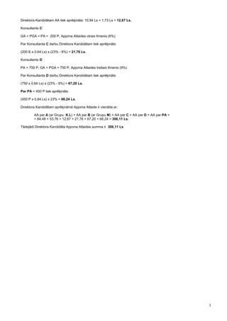 Direktora Kandidātam AA tiek aprēķināta: 10,94 Ls + 1,73 Ls = 12,67 Ls.

Konsultants C:

GA = PGA = PA = 200 P, Apjoma Atlaides otrais līmenis (6%)

Par Konsultanta С darbu Direktora Kandidātam tiek aprēķināts:

(200 Б х 0,64 Ls) х (23% - 6%) = 21,76 Ls.

Konsultants D:

PA = 750 P, GA = PGA = 750 P, Apjoma Atlaides trešais līmenis (9%)

Par Konsultanta D darbu Direktora Kandidātam tiek aprēķināts:

(750 х 0,64 Ls) х (23% - 9%) = 67,20 Ls.

Par PA = 450 P tiek aprēķināts:

(450 P х 0,64 Ls) х 23% = 66,24 Ls.

Direktora Kandidātam aprēķināmā Apjoma Atlaide ir vienāda ar:

        AA par А (ar Grupu K,L) + AA par B (ar Grupu M) + AA par C + AA par D + AA par PA =
        = 84,48 + 53,76 + 12,67 + 21,76 + 67,20 + 66,24 = 306,11 Ls.

Tādejādi Direktora Kandidāta Apjoma Atlaides summa ir 306,11 Ls




                                                                                              3
 
