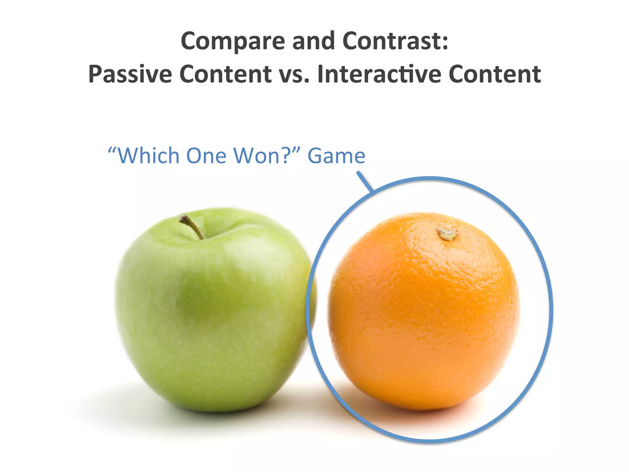 Compare	
  and	
  Contrast:	
  
Passive	
  Content	
  vs.	
  Interac1ve	
  Content	
  
“Which	
  One	
  Won?”	
  Game	
  
 