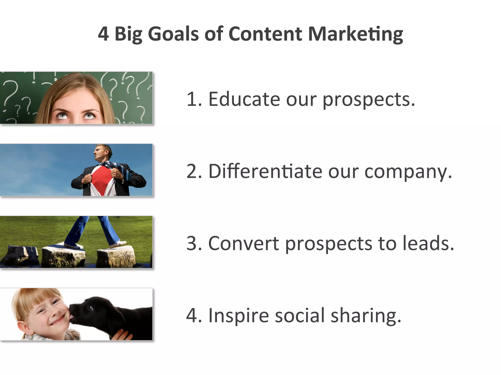 1.	
  Educate	
  our	
  prospects.	
  
4.	
  Inspire	
  social	
  sharing.	
  
3.	
  Convert	
  prospects	
  to	
  leads.	
  
2.	
  Diﬀeren5ate	
  our	
  company.	
  
4	
  Big	
  Goals	
  of	
  Content	
  Marke1ng	
  
 