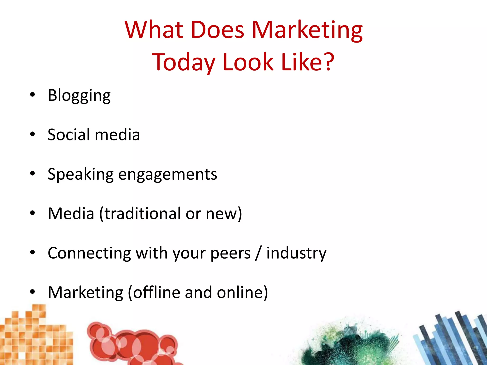 What Does Marketing Today Look Like?BloggingSocial mediaSpeaking engagementsMedia (traditional or new)Connecting with your peers / industryMarketing (offline and online)