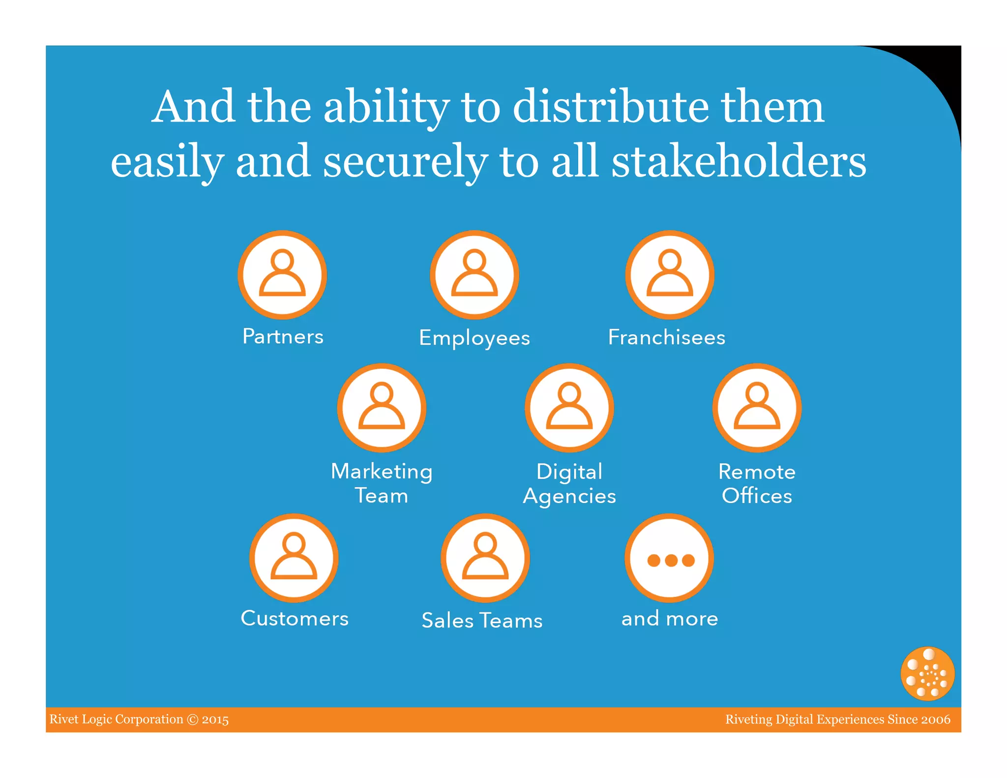 Rivet Logic Corporation © 2015 Riveting Digital Experiences Since 2006
And the ability to distribute them
easily and securely to all stakeholders
 