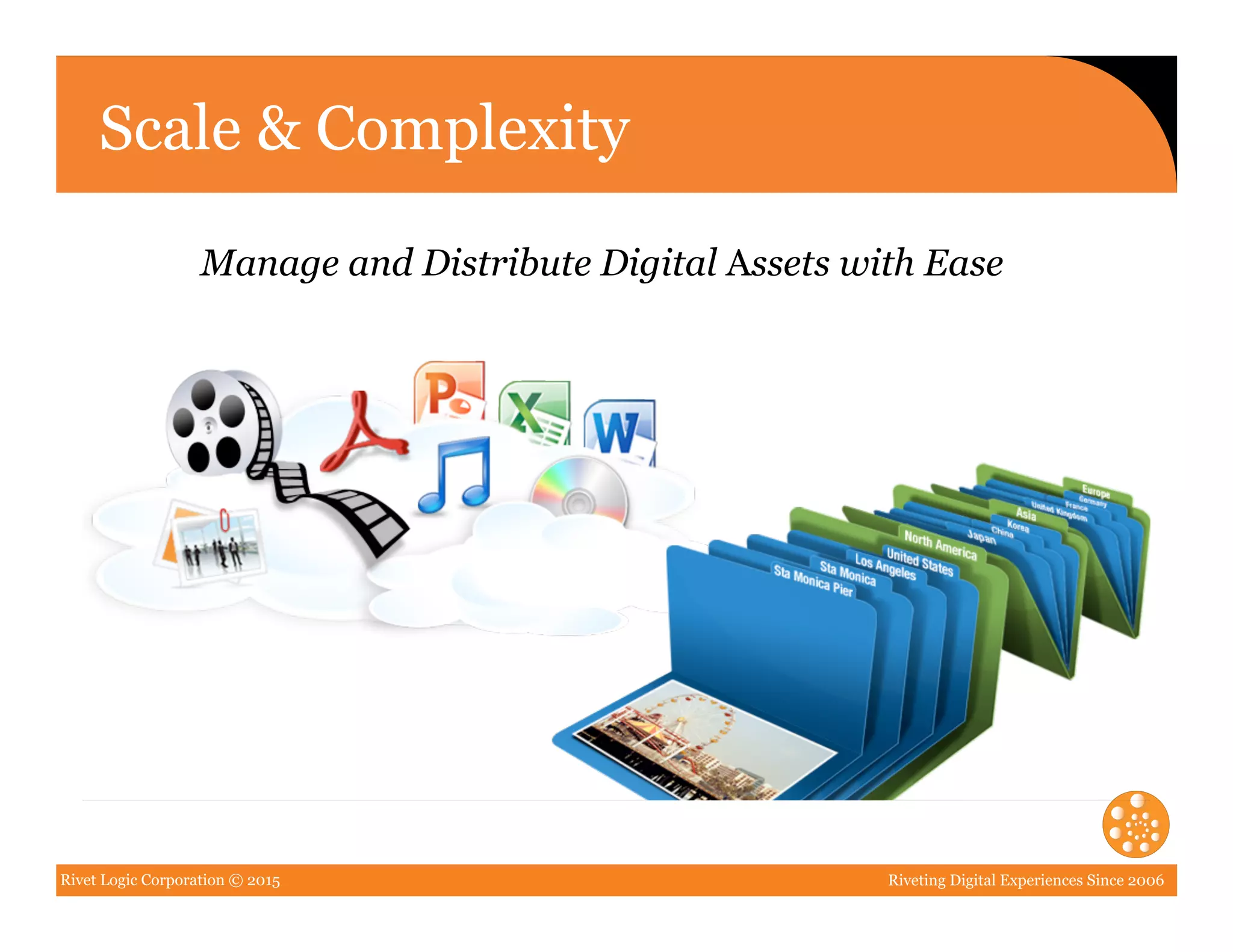Rivet Logic Corporation © 2015 Riveting Digital Experiences Since 2006
Scale & Complexity
Manage and Distribute Digital Assets with Ease
 