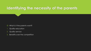 Identifying the necessity of the parents
 What is it the parents want?
1. Quality education
2. Quality service
3. Benefits over the competition
 