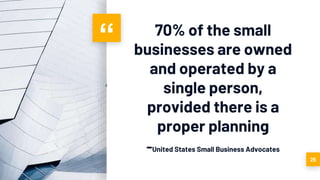 “ 70% of the small
businesses are owned
and operated by a
single person,
provided there is a
proper planning
-United States Small Business Advocates
25
 
