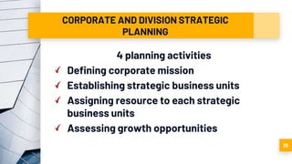 CORPORATE AND DIVISION STRATEGIC
PLANNING
4 planning activities
Defining corporate mission
Establishing strategic business units
Assigning resource to each strategic
business units
Assessing growth opportunities
35
 