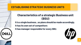 ESTABLISHING STRATEGIC BUSINESS UNITS
Characteristics of a strategic Business unit
(BSU)
It is a single business , so plans should be made accordingly.
It has its own set of competitors
It has manager responsible for every SBU.
38
 