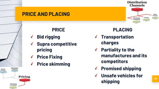 PRICE AND PLACING
PRICE
Bid rigging
Supra competitive
pricing
Price Fixing
Price skimming
PLACING
Transportation
charges
Partiality to the
manufactures and its
competitors
Promised shipping
Unsafe vehicles for
shipping
77
 