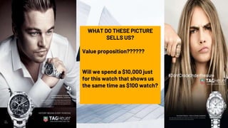84
WHAT DO THESE PICTURE
SELLS US?
Value proposition??????
Will we spend a $10,000 just
for this watch that shows us
the same time as $100 watch?
 