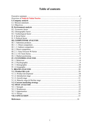 Table of contents
Executive summary ………………………………………………………………………ii
Overview of Nokia & Nokia Nseries ……………………………………………………..1
I. Company analysis ……………………………………………………………………..2
I.1. Mission statement……………………………………………………………………..2
I.2. Objectives…………………………………………………………………….……….2
II. Environment analysis ………………………………………………………………..3
II.1. Economic factor ……………………………………………………………………..3
II.2. Demographic factor ………………………………………………………………….3
II.3. Technological factor …………………………………………………………………4
II. 4. Social factor …………………………………………………………………………4
II. 5. Political factor ………………………………………………………………………4
III. COMPETITOR ANALYSIS……………………………………………………… 5
III. 1. Substitute products………………………………………………………………… 5
III. 1. 1. Direct competitors ……………………………………………………………….5
III. 1. 2. Indirect competitors ……………………………………………………………..5
III. 2. Direct competitors …………………………………………………………………5
III. 2. 1. Sony Ericsson W-Series ………………………………………………………...5
III. 2. 2. O2 Atom Series ………………………………………………………………….6
III. 3. Market positioning ………………………………………………………………... 7
IV. CUSTOMER ANALYSIS…………………………………………………………...8
IV. 1. Behaviour …………………………………………………………………………..8
IV. 2. Psychographic ……………………………………………………………………...9
IV. 3. Demographic ……………………………………………………………………...10
IV. 4. Geographic ………………………………………………………………………..10
V. BRAND ANALYSIS ………………………………………………………………..10
V.1. Product life cycle ………………………………………………………………….10
V.1.1. Product development ……………………………………………………………..10
V.1.2. Introduction stage ………………………………………………………………...10
V.1.3. Growth stage ……………………………………………………………………..11
V.1.4. Maturity stage & Decline stage …………………………………………………..11
V.2. Current marketing strategy………………………………………………………11
VI. SWOT ANALYSIS …………………………………………………………...……12
VI. 1. Strength …………………………………………………………….……………..12
VI. 2. Weaknesses ……………………………………………………………………….13
VI. 3. Opportunities ……………………………………………………………………..14
VI. 4. Threats ……………………………………………………………………………14
VII. CONCLUSION …………………………………………………………………...15
References …………………………………………………………………………….16
1
 