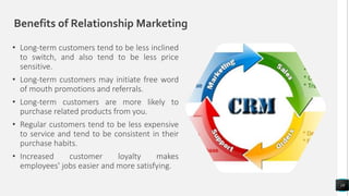Benefits of Relationship Marketing
• Long-term customers tend to be less inclined
to switch, and also tend to be less price
sensitive.
• Long-term customers may initiate free word
of mouth promotions and referrals.
• Long-term customers are more likely to
purchase related products from you.
• Regular customers tend to be less expensive
to service and tend to be consistent in their
purchase habits.
• Increased customer loyalty makes
employees' jobs easier and more satisfying.
18
 