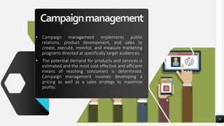 Campaignmanagement
• Campaign management implements public
relations, product development, and sales to
create, execute, monitor, and measure marketing
programs directed at specifically target audiences.
• The potential demand for products and services is
estimated and the most cost effective and efficient
means of reaching consumers is determined.
Campaign management involves developing a
pricing as well as a sales strategy to maximize
profits.
19
 