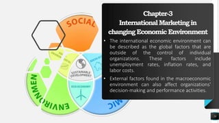 Chapter-3
InternationalMarketingin
changingEconomicEnvironment
• The international economic environment can
be described as the global factors that are
outside of the control of individual
organizations. These factors include
unemployment rates, inflation rates, and
labor costs.
• External factors found in the macroeconomic
environment can also affect organizations'
decision-making and performance activities.
24
 