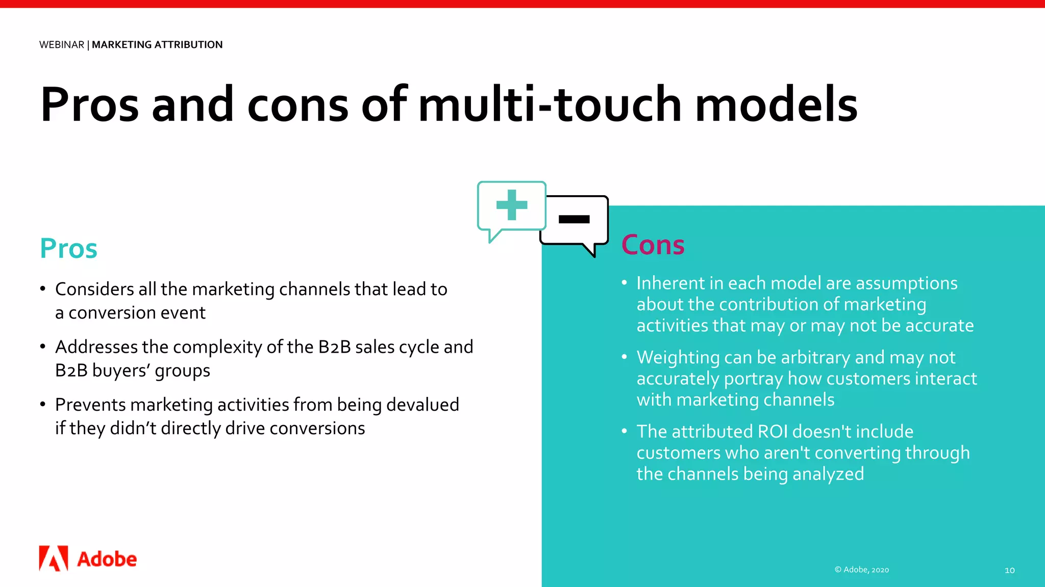 Pros and cons of multi-touch models
© Adobe, 2020 10
Pros
• Considers all the marketing channels that lead to
a conversion event
• Addresses the complexity of the B2B sales cycle and
B2B buyers’ groups
• Prevents marketing activities from being devalued
if they didn’t directly drive conversions
Cons
• Inherent in each model are assumptions
about the contribution of marketing
activities that may or may not be accurate
• Weighting can be arbitrary and may not
accurately portray how customers interact
with marketing channels
• The attributed ROI doesn't include
customers who aren't converting through
the channels being analyzed
WEBINAR | MARKETING ATTRIBUTION
 