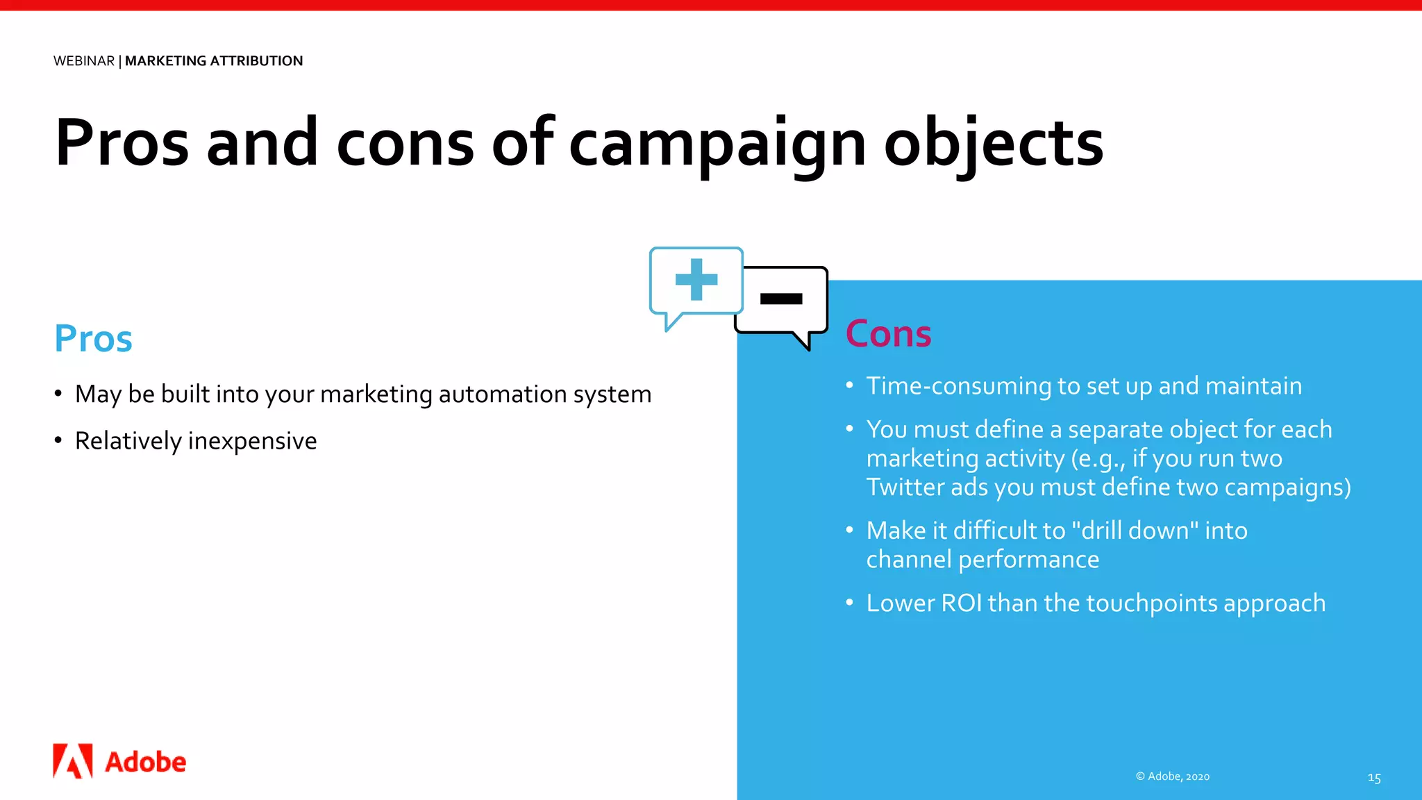 Pros and cons of campaign objects
© Adobe, 2020 15
Pros
• May be built into your marketing automation system
• Relatively inexpensive
WEBINAR | MARKETING ATTRIBUTION
Cons
• Time-consuming to set up and maintain
• You must define a separate object for each
marketing activity (e.g., if you run two
Twitter ads you must define two campaigns)
• Make it difficult to "drill down" into
channel performance
• Lower ROI than the touchpoints approach
 