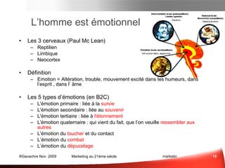 L’homme est émotionnel Les 3 cerveaux (Paul Mc Lean) Reptilien Limbique Neocortex Définition Emotion = Altération, trouble, mouvement excité dans les humeurs, dans l’esprit, dans l’ âme Les 5 types d’émotions L'émotion primaire : liée à la  survie L'émotion secondaire : liée au  souvenir L'émotion tertiaire : liée à  l'étonnement L'émotion quaternaire : qui vient du fait, que l’on veuille  ressembler aux autres L'émotion du  toucher  et du contact L’émotion du  combat L’émotion du  dépucelage Influence ?  Sce :  www.chetochine.com 