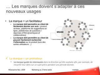 …  Les marques doivent s’adapter à ces nouveaux usages La marque = un  facilitateur La marque doit permettre au client de facilement donner son avis : product reviews, plateforme de suggestions en ligne, plateformes de questions / réponses (FAQ dynamiques et collaboratives) La marque doit permettre au client de pouvoir facilement rechercher l’information sur le produit (avis des autres utilisateurs…) La marque = un  animateur La marque guide les internautes dans la direction qu’elle souhaite afin, par exemple, de recueillir leur idées sur un sujet précis pendant une période donnée. Marketing des Idées 