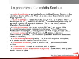 Le panorama des média Sociaux Les  outils d’expression  permettent à un individu de prendre la parole, de discuter et plus généralement à agréger sa production : Outils de publication comme les plateformes de blog , les plateformes de wiki, les plateformes de microblog, les portails de news et de journalisme citoyen, les outils de livecast ; Outils de discussion comme les plateformes de forum et de forum vidéo, les logiciels et services de messagerie instantanée , les services de gestion de commentaires; Services d’agrégation. Les  services de partage  permettent de publier et de partager du contenu : Partage de contenu pour des vidéos, des photos de la musique des liens des documents; Partage de produits avec des services de recommandations, de suggestions d’évolution ou d’échange  Partage de lieux avec les services focalisés sur les adresses sur les évènements et sur les voyages Les  services de réseautage  servent à mettre en relation les individus : Les réseaux de recherche permettant de retrouver des anciens camarades des personnes ou des “conjoints” Les réseaux de niche Les réseaux BtoB Les réseaux mobiles Les outils de création / gestion de réseaux  Panorama des média sociaux  Sce :  www. fredcavazza . net, 4/09 