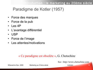 Paradigme de Kotler (1957) Force des marques Force de la pub Les 4P L’avantage différentiel USP Force de l’image Les attentes/motivations « Ce paradigme est obsolète » , G. Chetochine Sce :  www.chetochine.com Introduction : le marketing au 20ème siècle 