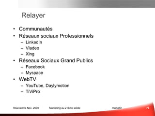 Le phénomène Twitter (microblogging) Définition Outil pour poster de  courts   messages  (140 caract. max), avec fonction sociale: la possibilité de  suivre  des gens ou de  se   faire suivre . En suivant quelqu'un vous recevez ainsi tous les messages qu'il poste, et inversement, vos "suiveurs" reçoivent instantanément le message que vous "twittez" Quelques Usages marketing Effectuer de la veille, Suivre un buzz., Qualifier sa cible, Construire un dialogue,  Améliorer l'image de marque Promouvoir du contenu,  Relayer un événement, Les Questions à se Poser 