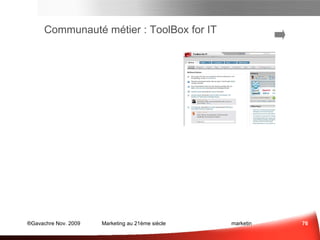 6) Comment fidéliser sur le long terme? Animez votre propre communauté Manager Microblogs Communauté d’entreprise Business Consumer V Apportez un contenu à forte valeur ajoutée Identifiez les ambassadeurs de votre marque, aidez les Business2.. Blogs Les Questions à se Poser Public Privé (accès restreint) S’abonner à des flux d’informations Contribuer (pour vendre) Écouter, Observer 