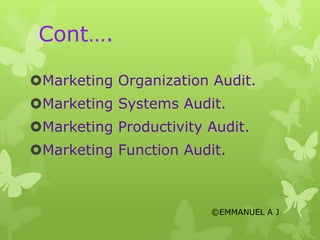 Cont….
Marketing Organization Audit.

Marketing Systems Audit.
Marketing Productivity Audit.

Marketing Function Audit.

©EMMANUEL A J

 