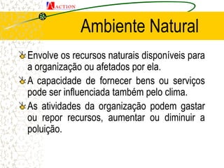 Ambiente Natural
Envolve os recursos naturais disponíveis para
a organização ou afetados por ela.
A capacidade de fornecer...