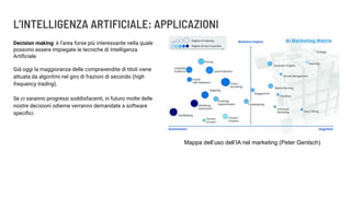 L’INTELLIGENZA ARTIFICIALE: APPLICAZIONI
Decision making: è l’area forse più interessante nella quale
possono essere impiegate le tecniche di Intelligenza
Artiﬁciale.
Già oggi la maggioranza delle compravendite di titoli viene
attuata da algoritmi nel giro di frazioni di secondo (high
frequency trading).
Se ci saranno progressi soddisfacenti, in futuro molte delle
nostre decisioni odierne verranno demandate a software
speciﬁci.
Mappa dell’uso dell’IA nel marketing (Peter Gentsch)
 