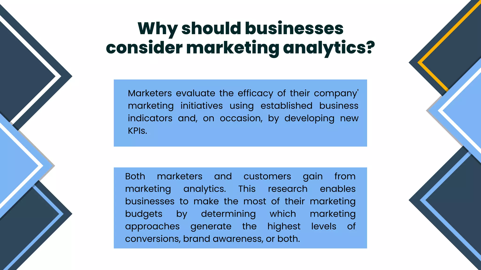 Why should businesses
consider marketing analytics?


Marketers evaluate the efficacy of their company'
marketing initiatives using established business
indicators and, on occasion, by developing new
KPIs.
Both marketers and customers gain from
marketing analytics. This research enables
businesses to make the most of their marketing
budgets by determining which marketing
approaches generate the highest levels of
conversions, brand awareness, or both.
 