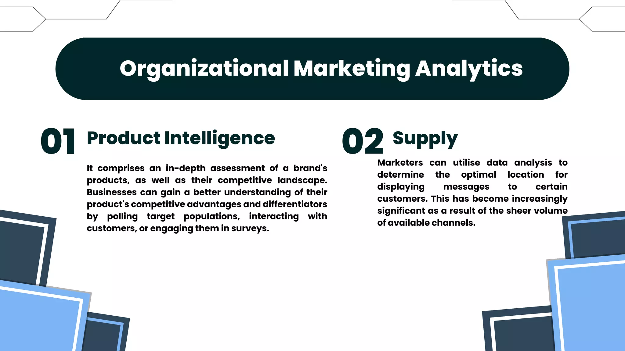 Organizational Marketing Analytics


Product Intelligence Supply
01 02
It comprises an in-depth assessment of a brand's
products, as well as their competitive landscape.
Businesses can gain a better understanding of their
product's competitive advantages and differentiators
by polling target populations, interacting with
customers, or engaging them in surveys.
Marketers can utilise data analysis to
determine the optimal location for
displaying messages to certain
customers. This has become increasingly
significant as a result of the sheer volume
of available channels.
 