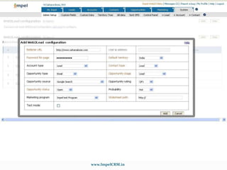 Impel Marketing AutomationWith the Impel CRM Marketing Automation software, You can effectively plan marketing campaigns.Execute E-mail campaigns, SMS campaigns and track your marketing expenditure.Improve the quality of lead generation process through Web2Lead integration.Also leverage the features like Call Center Integration and Just Dial Integration.www.ImpelCRM.in