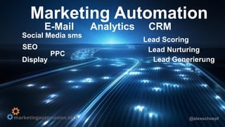 Marketing Automation
E-Mail Analytics CRM
Lead Nurturing
PPC
Display
SEO
Lead Scoring
Social Media sms
@alexschoepf
Lead Generierung
 