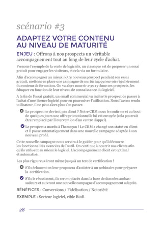 28
scénario #3
ADAPTEZ VOTRE CONTENU
AU NIVEAU DE MATURITÉ
ENJEU : Offrons à nos prospects un véritable
accompagnement tout au long de leur cycle d’achat.
Prenons l’exemple de la vente de logiciels, un classique est de proposer un essai
gratuit pour engager les visiteurs, et cela via un formulaire.
Afin d’accompagner au mieux notre nouveau prospect pendant son essai
gratuit, mettons en place une campagne de nurturing qui envoie régulièrement
du contenu de formation. On va alors nourrir avec rythme ces prospects, les
éduquer en fonction de leur niveau de connaissance du logiciel.
A la fin de l’essai gratuit, un email commercial va inciter le prospect de passer à
l’achat d’une licence logiciel pour en poursuivre l’utilisation. Nous l’avons rendu
utilisateur, il ne peut alors plus s’en passer.
	 Le prospect ne devient pas client ? Notre CRM nous le confirme et au bout
de quelques jours une offre promotionnelle lui est envoyée (cela pourrait
être remplacé par l’intervention d’un centre d’appel).
	Le prospect a mordu à l’hameçon ! Le CRM a changé son statut en client
et il passe automatiquement dans une nouvelle campagne adaptée à son
nouveau profil.
Cette nouvelle campagne nous servira à le guider pour qu’il découvre
les fonctionnalités avancées de l’outil. On continue à nourrir nos clients afin
qu’ils utilisent au mieux le logiciel. L’accompagnement client est optimal
et automatisé.
Les plus rigoureux iront même jusqu’à un test de certification !
	 S’ils échouent on leur proposera d’assister à un webinaire pour préparer
la  certification.
	 S’ils le réussissent, ils seront placés dans la base de données ambas-
sadeurs et suivront une nouvelle campagne d’accompagnement adaptée.
BÉNÉFICES : Conversions / Fidélisation / Notoriété
EXEMPLE : Secteur logiciel, cible BtoB
 