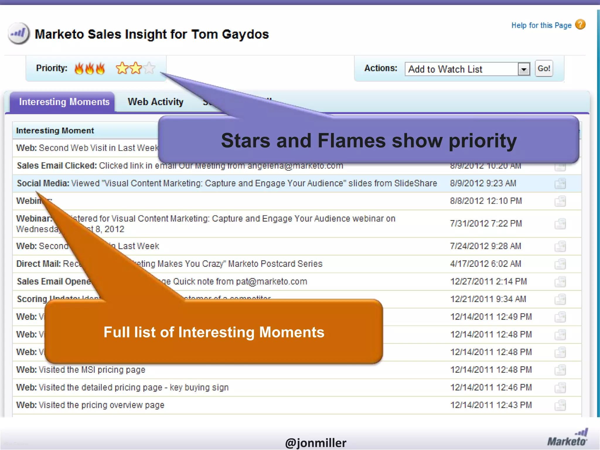 #RevEngine @jonmiller
Stars and Flames show priority
Full list of Interesting Moments
 